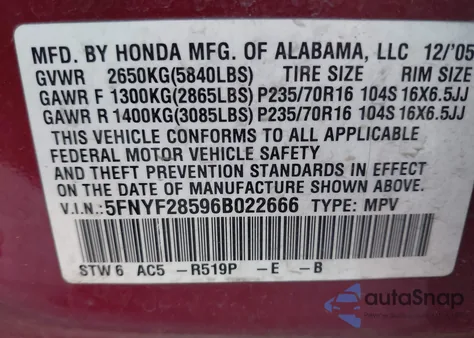 2006 Honda Pilot Ex-L из США, поврежденный, VIN 5FNYF28596B022666